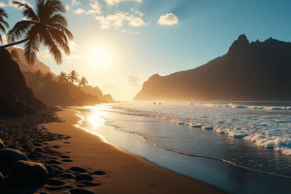 Plage volcanique en décembre aux Canaries soleil et sable noir
