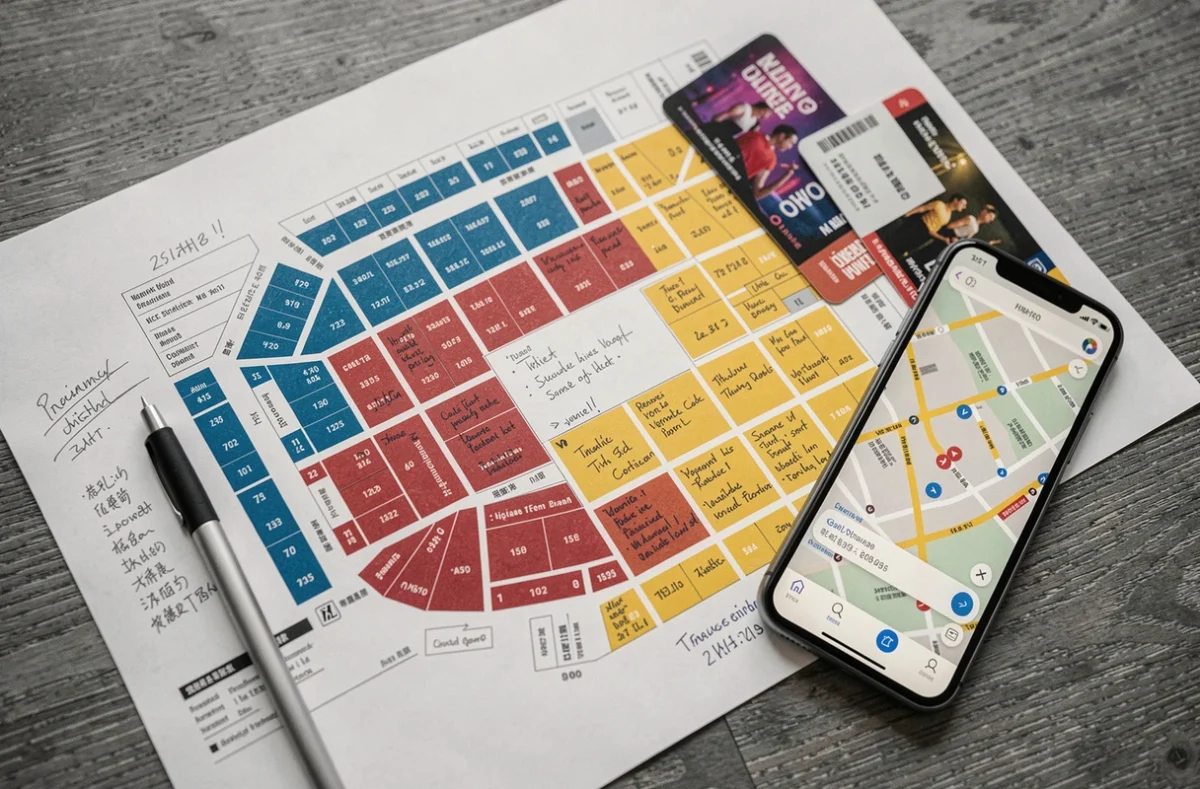 Plan de salle détaillé d'une grande salle de concert avec sections colorées, billets et smartphone pour choisir sa place