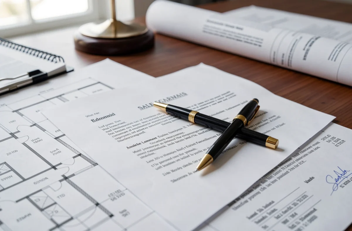 Plans de construction et contrat de vente sur un bureau