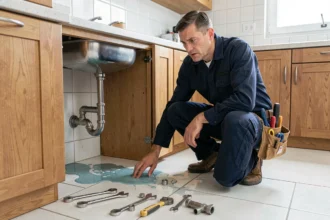 Plombier d'urgence intervenant sous un évier dans un appartement en Meurthe-et-Moselle