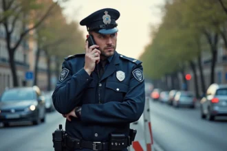 Policier français en uniforme gérant une intervention sur un boulevard de Toulouse avec une barrière de sécurité routière