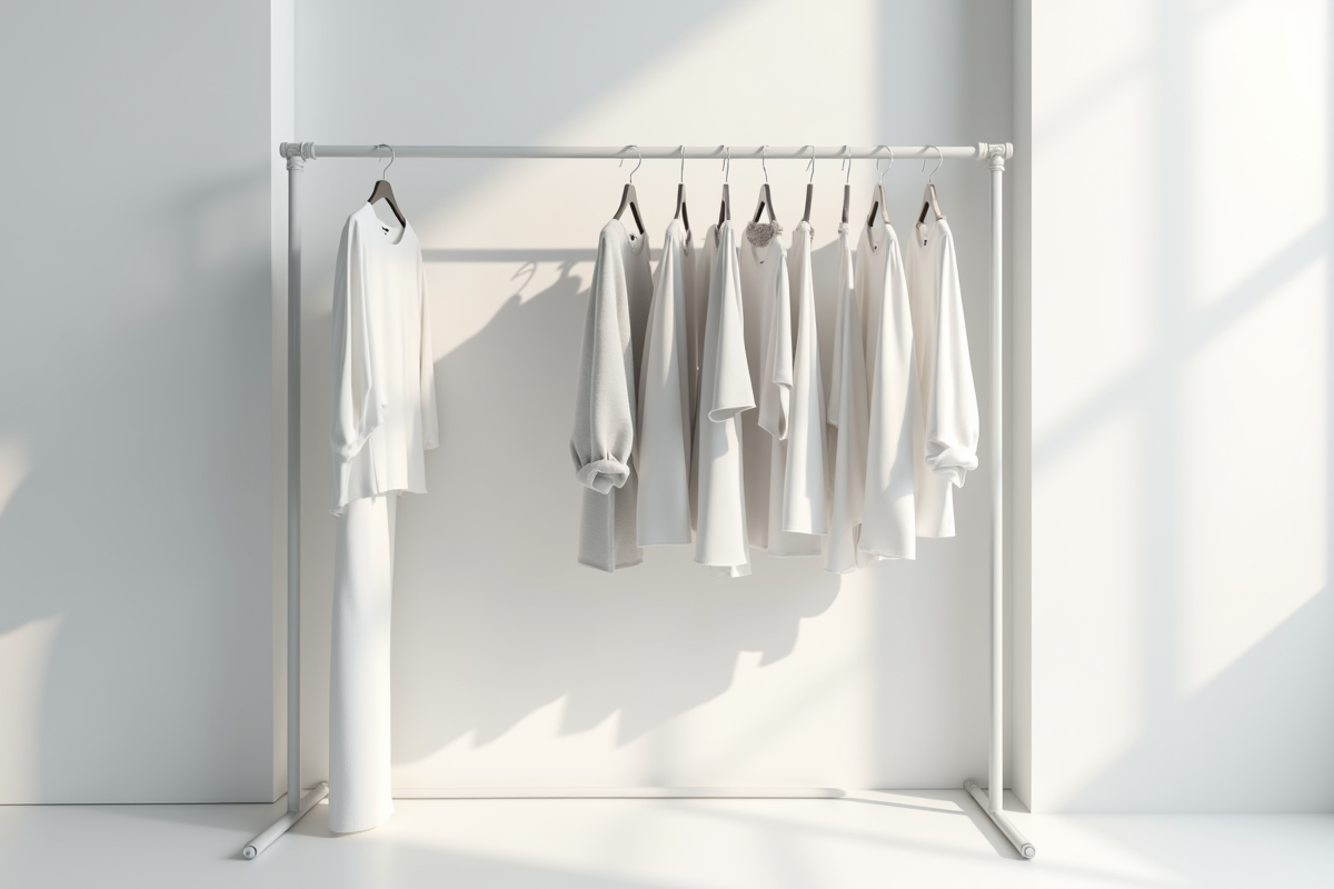 Portant de vêtements monochromes dans un espace épuré et lumineux