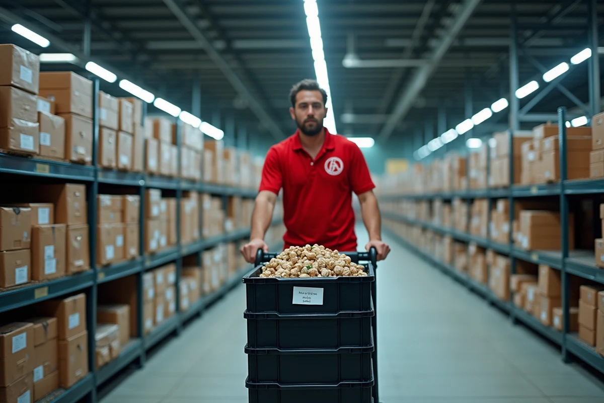 Employé du drive Leclerc Senlis préparant des commandes sur chariots dans la zone logistique