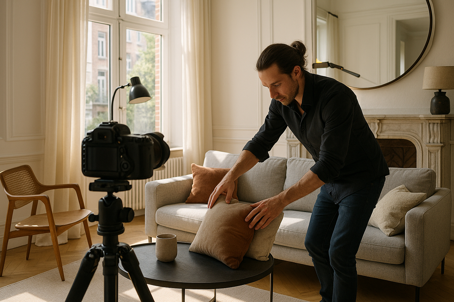 Photographe professionnel prépare un salon dans une maison bruxelloise