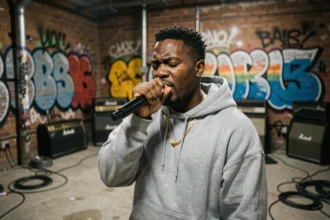Jeune rappeur tenant un micro lors d'une performance de slam en salle underground avec murs en brique et graffitis