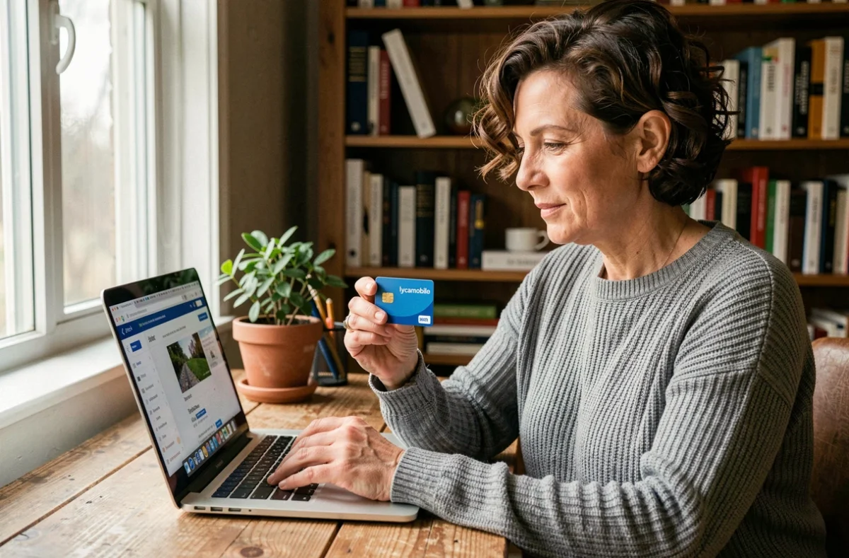 Femme rechargeant son compte Lycamobile 30 euros en ligne depuis son domicile
