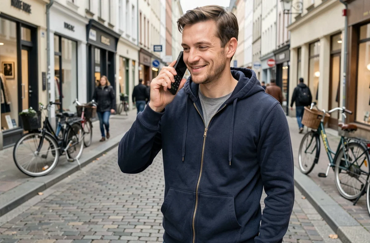 Homme effectuant une recharge Lycamobile par numéro court dans une rue européenne