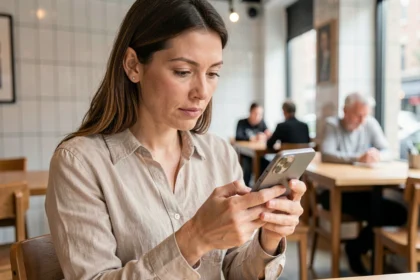 Femme rechargeant son forfait Lycamobile depuis son smartphone dans un café en France