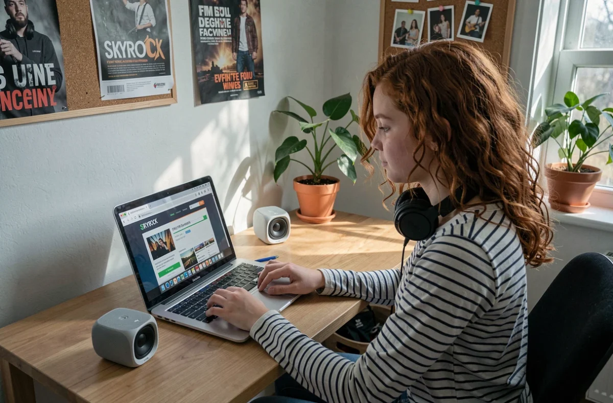 Adolescente cherchant la fréquence de Skyrock sur un site web depuis son bureau avec un haut-parleur Bluetooth
