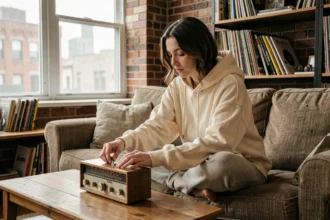 Jeune femme réglant la fréquence d'une radio FM analogique dans un appartement cosy avec des disques vinyle en arrière-plan