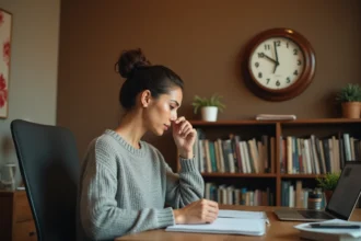 Femme réglant une horloge murale analogique pour passer à l'heure d'été GMT+2, dans un bureau à domicile chaleureux