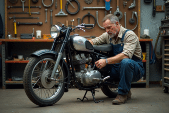 Homme en combinaison réparant une moto vintage Chappy 125