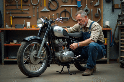 Homme en combinaison réparant une moto vintage Chappy 125