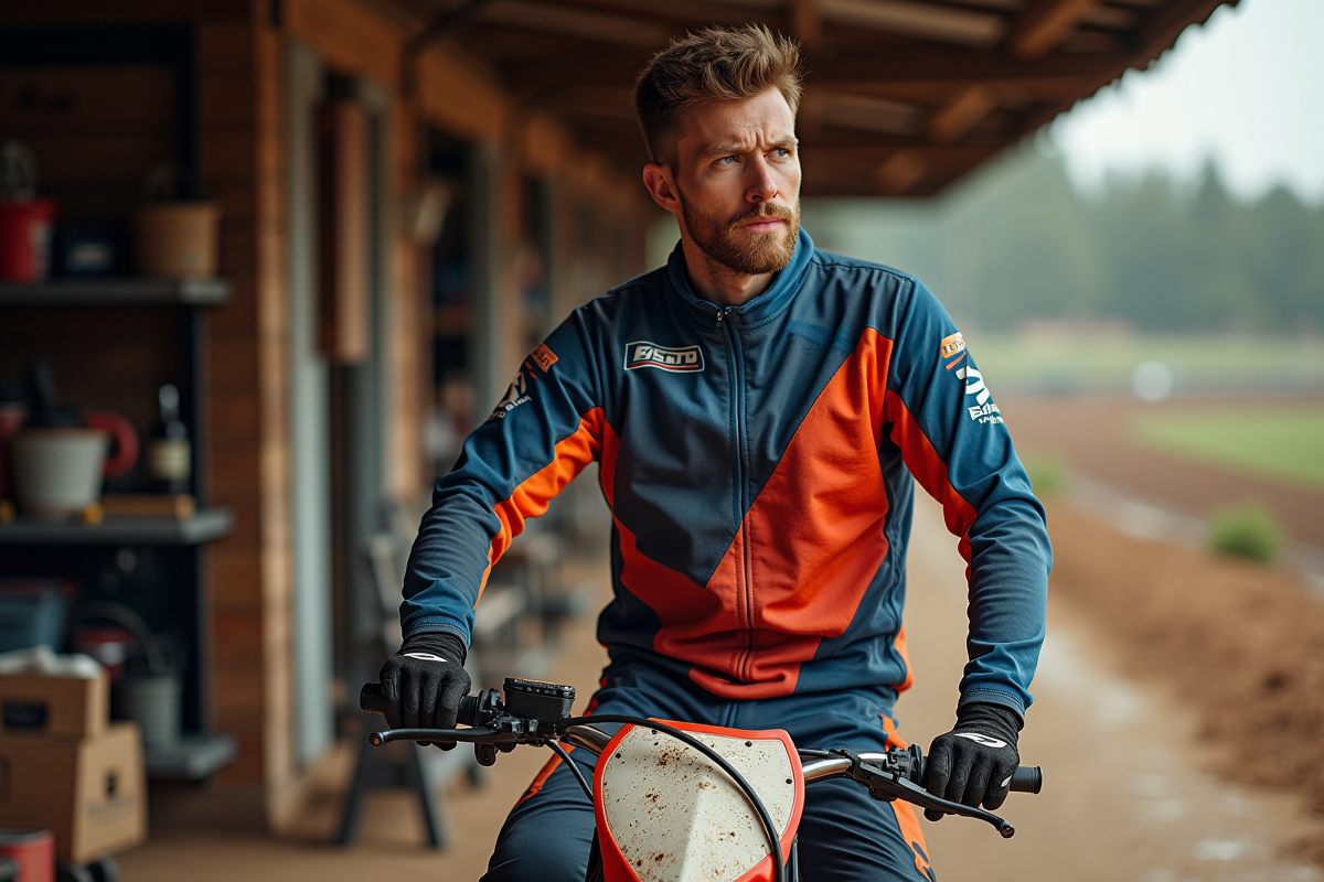 Rider en maintenance près de sa moto 125cc