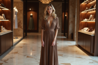 Femme élégante en robe de soie dans une boutique luxueuse