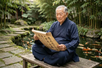 Vieux sage chinois tenant un parchemin de calligraphie dans un jardin traditionnel, illustrant la sagesse financière des proverbes chinois