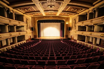 Vue panoramique de la salle du Grand Rex avec rangées de sièges en velours bordeaux et décor Art Déco doré avant un concert