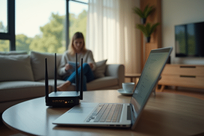 Salon lumineux avec personne configurant un routeur wifi