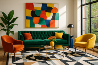 Salon moderne avec canapé vert émeraude et œuvres d'art