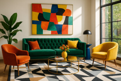 Salon moderne avec canapé vert émeraude et œuvres d'art