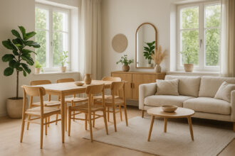 Salon moderne avec mobilier scandinave lumineux et plantes