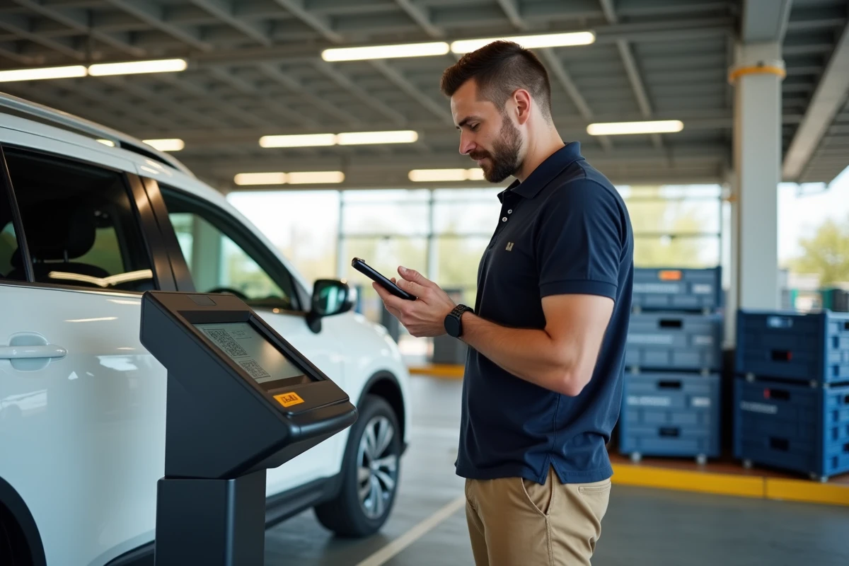 Client scannant un QR code sur son smartphone au borne de retrait du drive Leclerc Senlis