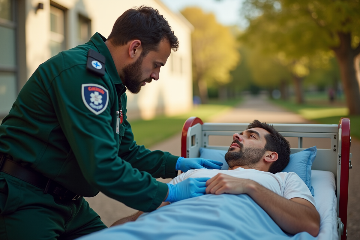 Secouriste aidant un patient en extérieur en journée