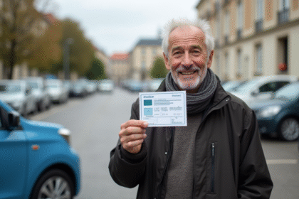Homme senior souriant tenant sa carte grise devant sa voiture
