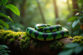 Serpent vert et noir enroule dans la forêt tropicale