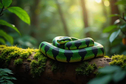 Serpent vert et noir enroule dans la forêt tropicale