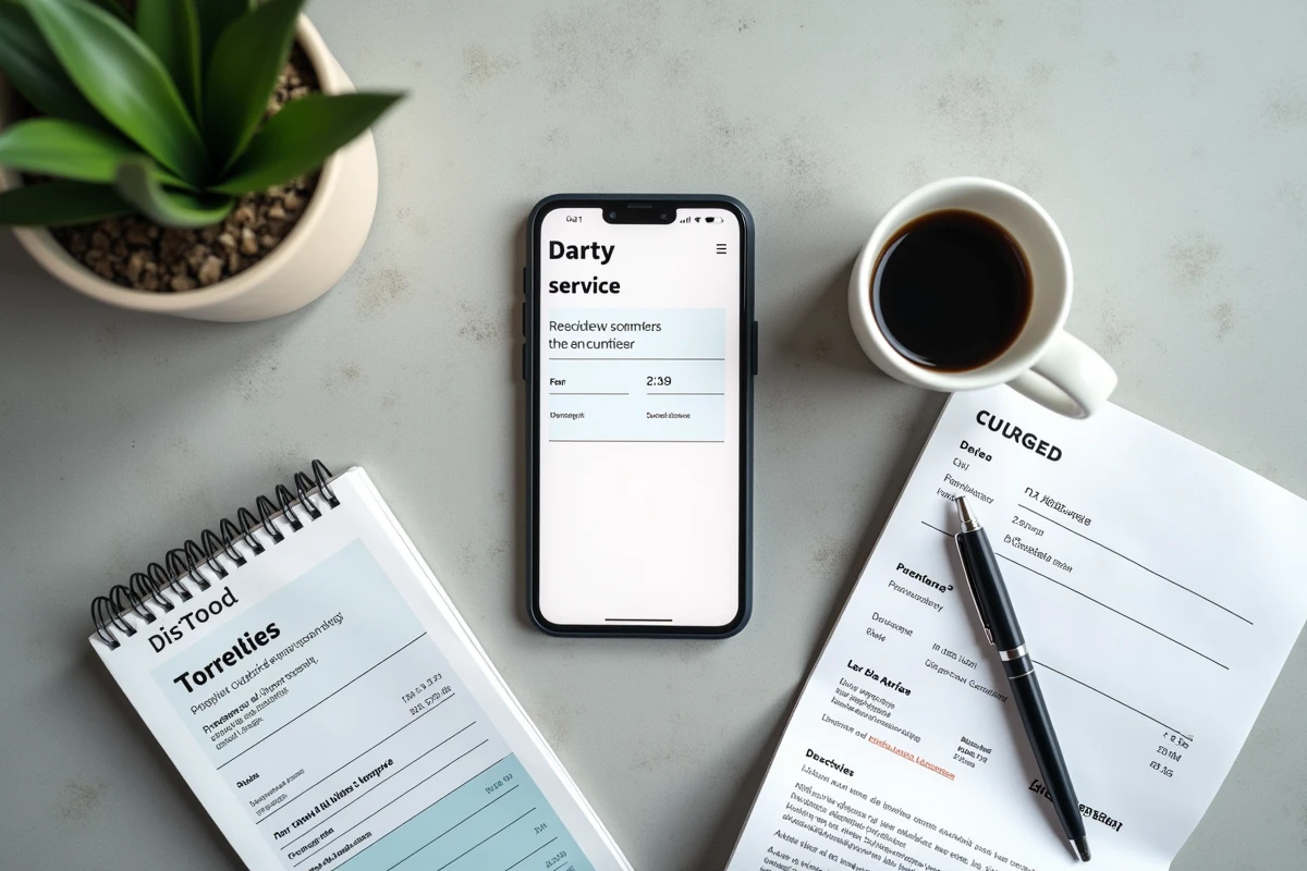 Vue aérienne d'un téléphone affichant le SAV Darty avec un reçu d'achat et un café