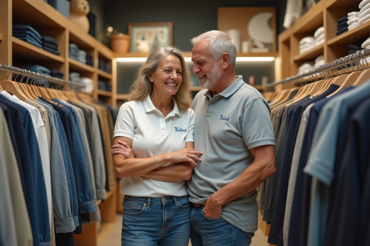 Homme et femme achetant des vêtements dans un magasin lumineux