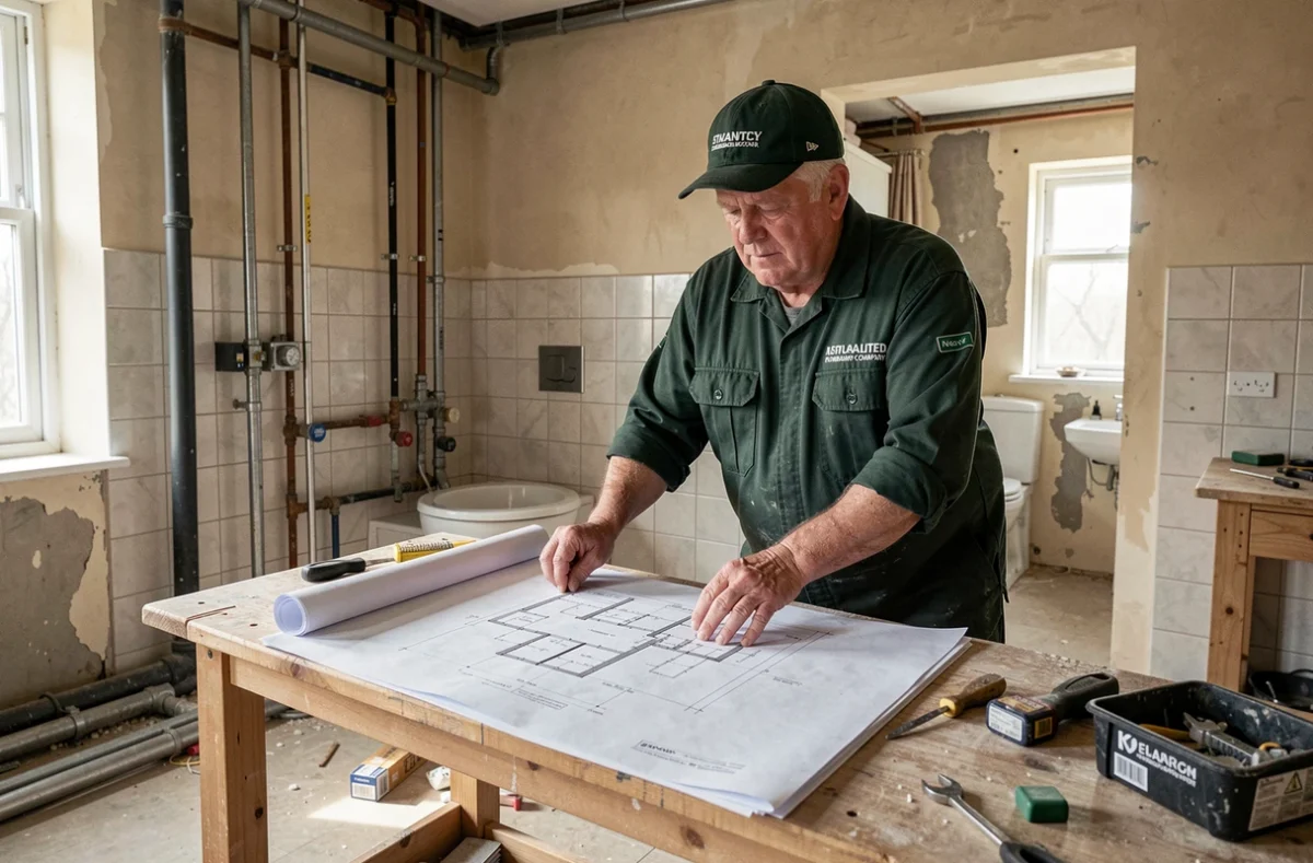 Plombier de la Société Nancéienne de Plomberie supervisant des travaux de rénovation