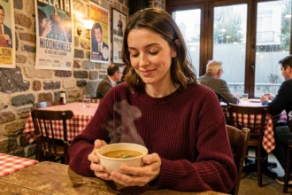 Femme dégustant une soupe chaude dans un bouchon lyonnais sous la pluie du soir