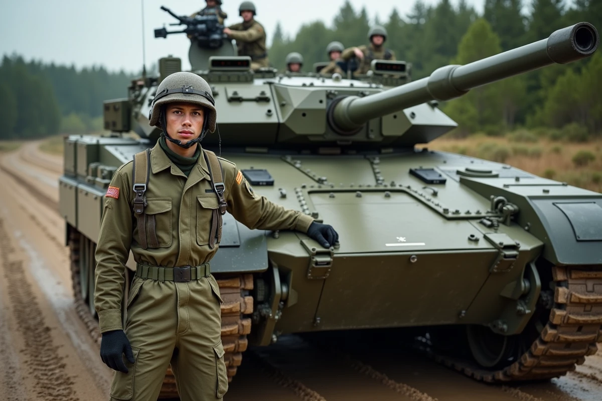Jeune soldat en uniforme près du Leclerc en terrain militaire