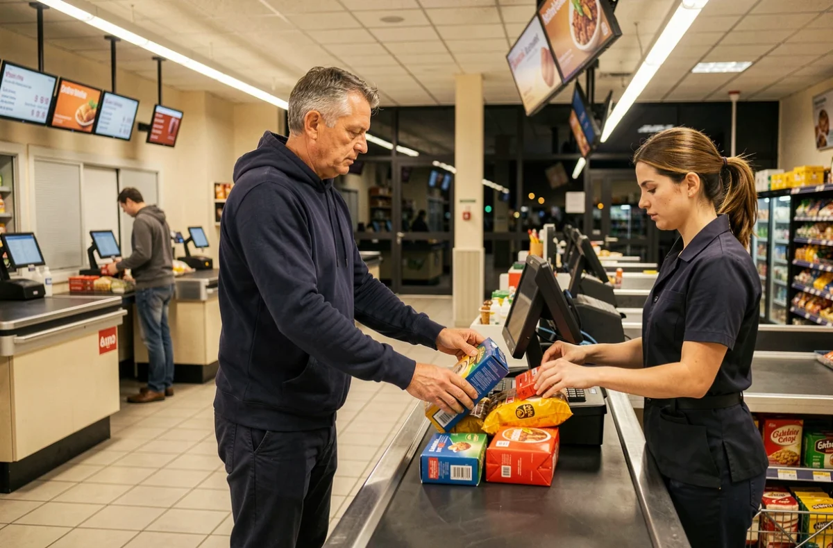 Client en fin de soirée à la caisse d'un supermarché ouvert le dimanche soir à Montpellier