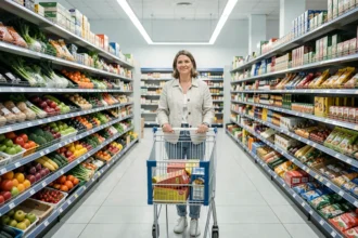 Femme faisant ses courses dans un supermarché de Montpellier ouvert le dimanche matin, rayon épicerie presque désert