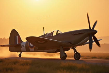 Supermarine Spitfire au lever du soleil sur une base RAF