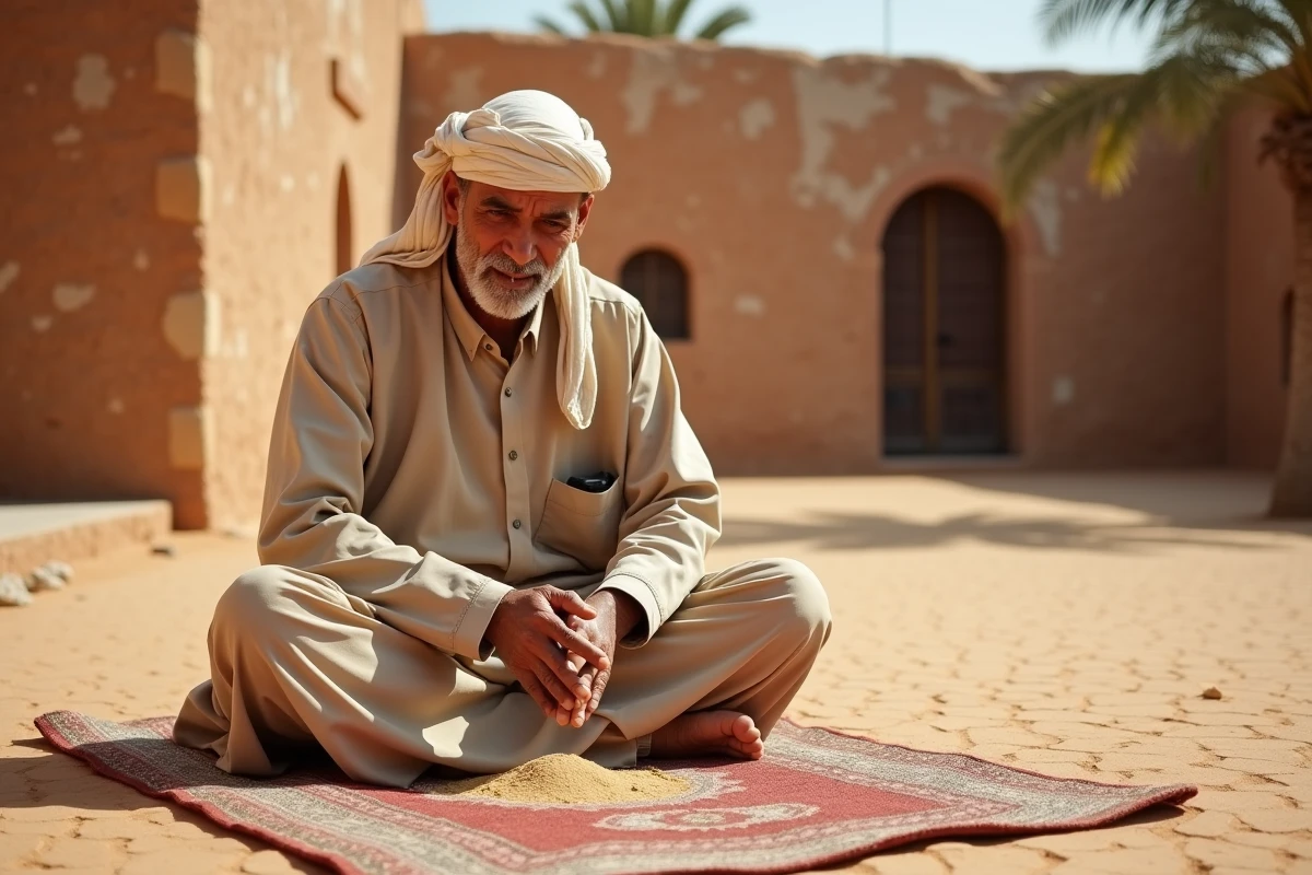 Homme âgé réalisant le tayammum en essuyant le dos des mains sur un tapis de prière en plein air