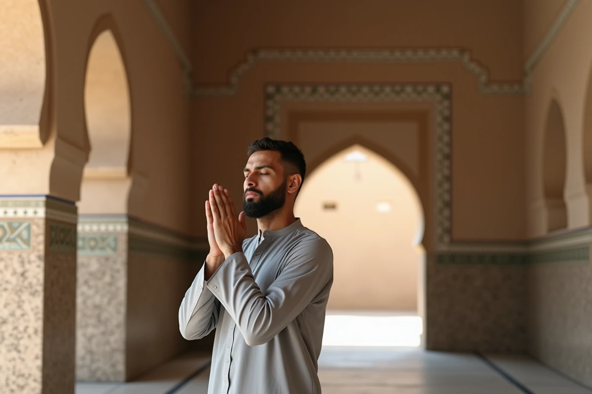 Homme pratiquant le tayammum en essuyant son visage avec les mains à l'intérieur d'une mosquée