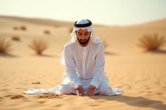 Homme effectuant le tayammum en posant les mains sur la terre sèche dans un désert