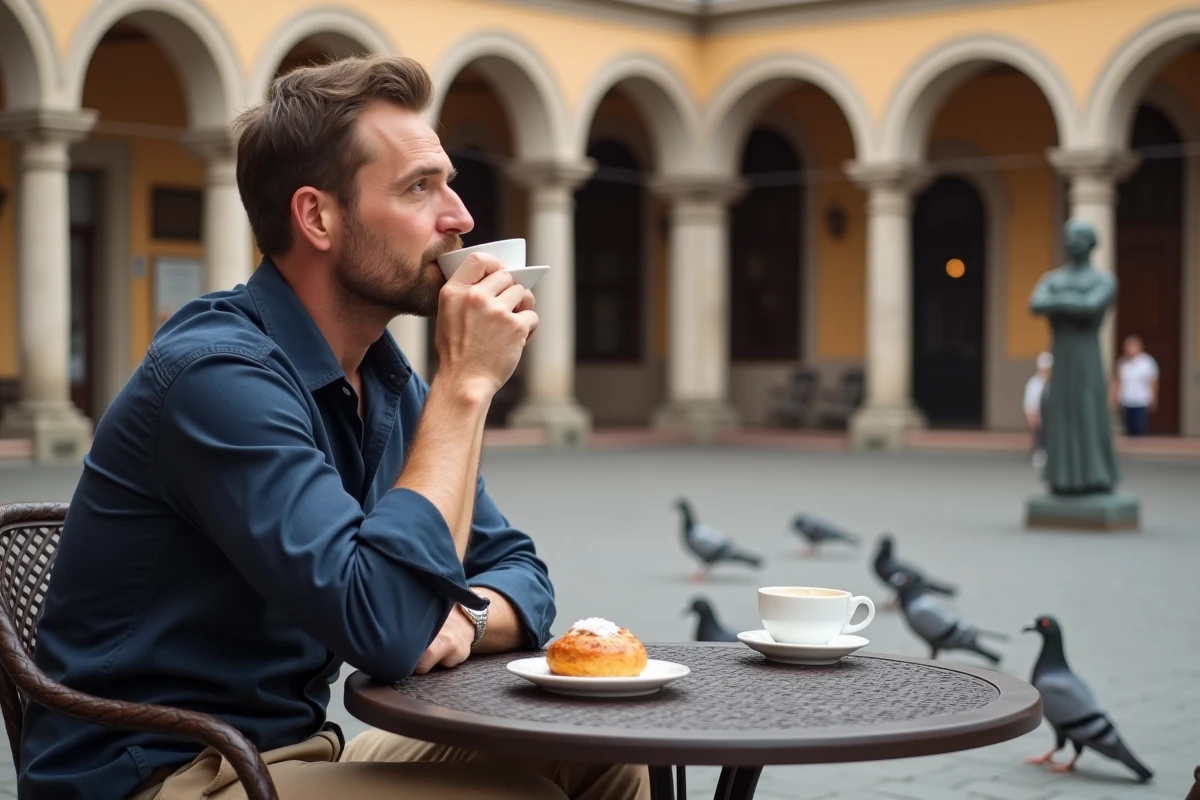 Homme savourant un café en terrasse sur la Place Gutenberg à Strasbourg avec la façade Renaissance de la Chambre de Commerce en arrière-plan