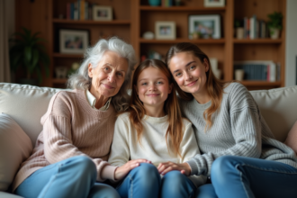 Trois générations de famille française assises ensemble dans le salon
