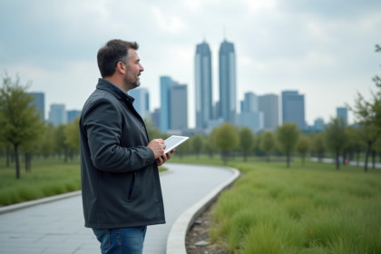 Urbaniste regardant la ville depuis un parc moderne