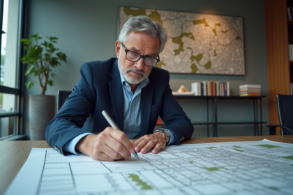Urbaniste homme examinant une carte urbaine en réunion
