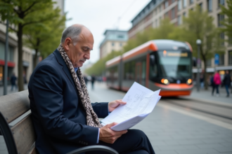 Urbaniste en ville avec plans sur banc