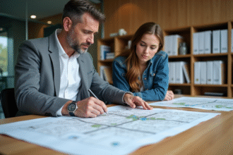 Urbaniste et agent municipal discutent plans d'urbanisme