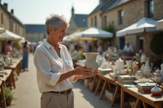 Femme examinant un vase vintage sur un stand de vide-grenier en plein air dans le Morbihan