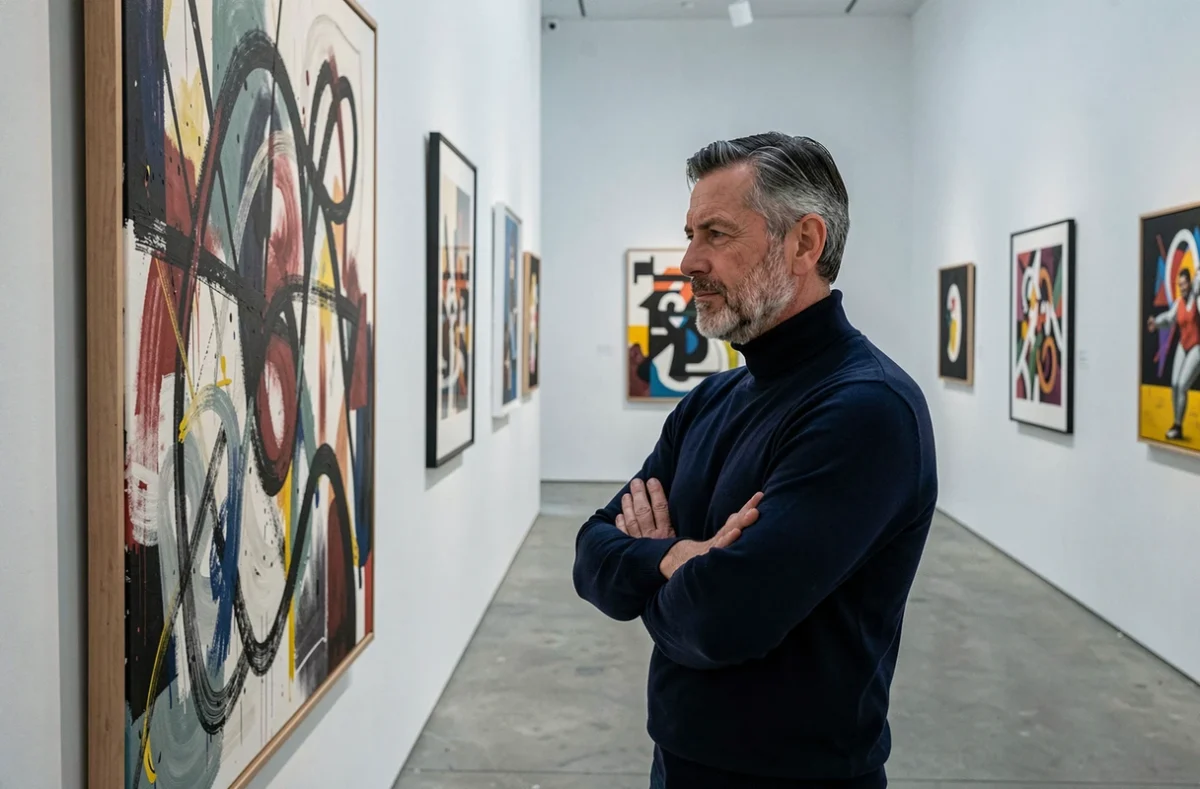 Homme contemplant une peinture abstraite dans une galerie d'art contemporain aux murs blancs épurés