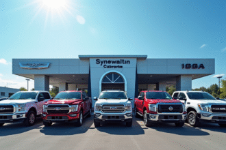 Ligne de pickups d'occasion fiables devant un concessionnaire